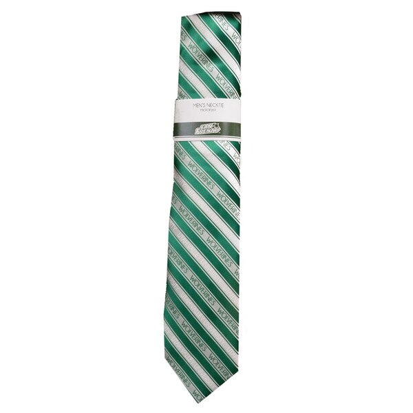 White with green stripes and "Wolverines" repeating within both the white and green stripes